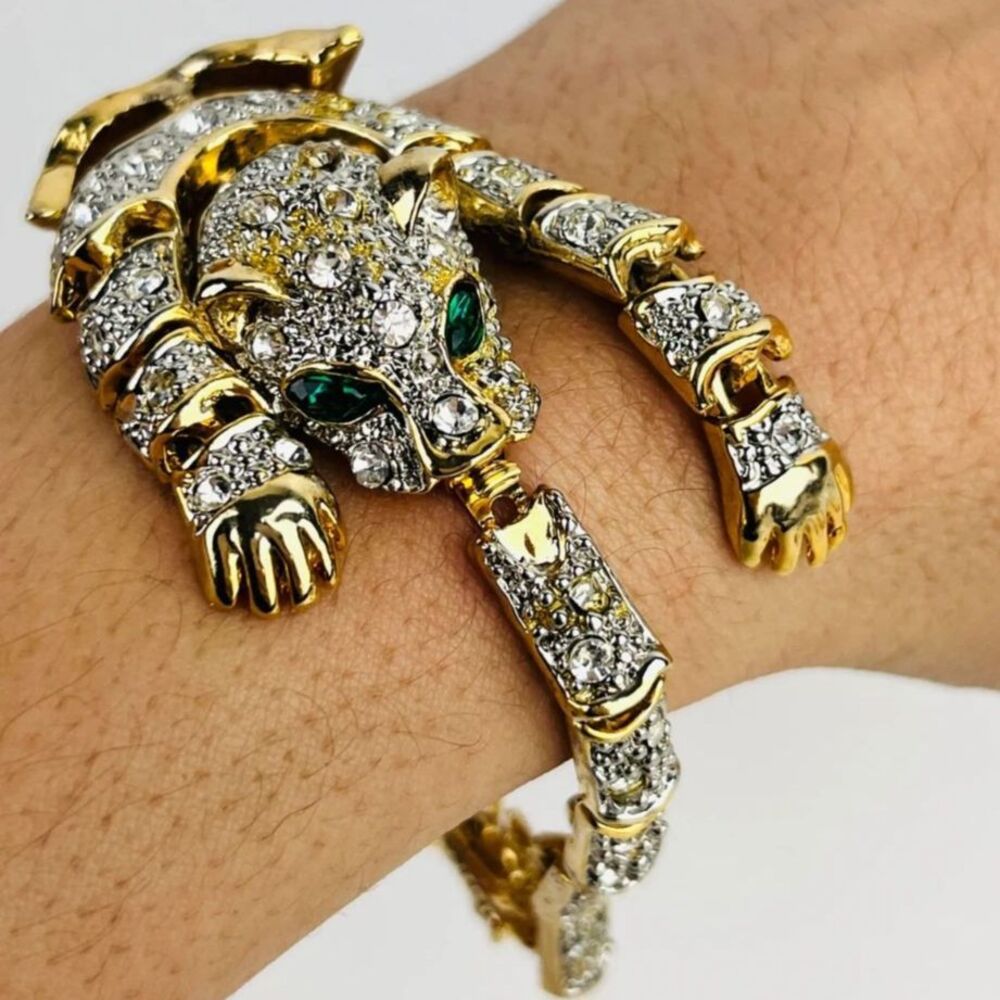 Vtg Articulated Pavé Rhinestone Panther Leopard Bracelet Gold Tone